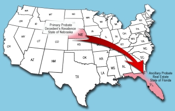 A map showing the primary probate decedent's residence is Nebraska and a red arrow pointing to the ancillary probate real estate in Florida.